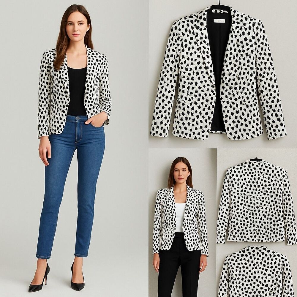 Neiman Marcus White Leopard-Print Open Front Blazer Jacket M cotton velvet